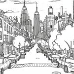 This is a black and white line drawing of a bustling city street with parked cars and traditional buildings, set against a skyline with skyscrapers.