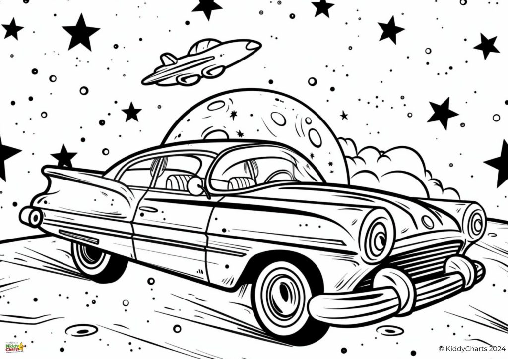 A black and white illustration depicts a classic car in space, with stars, planets, and a flying saucer in the background. It appears whimsical and child-friendly.