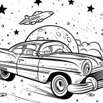 A black and white illustration featuring a classic car in space with stars, planets, and a flying saucer. It’s designed for coloring and tagged 2024.