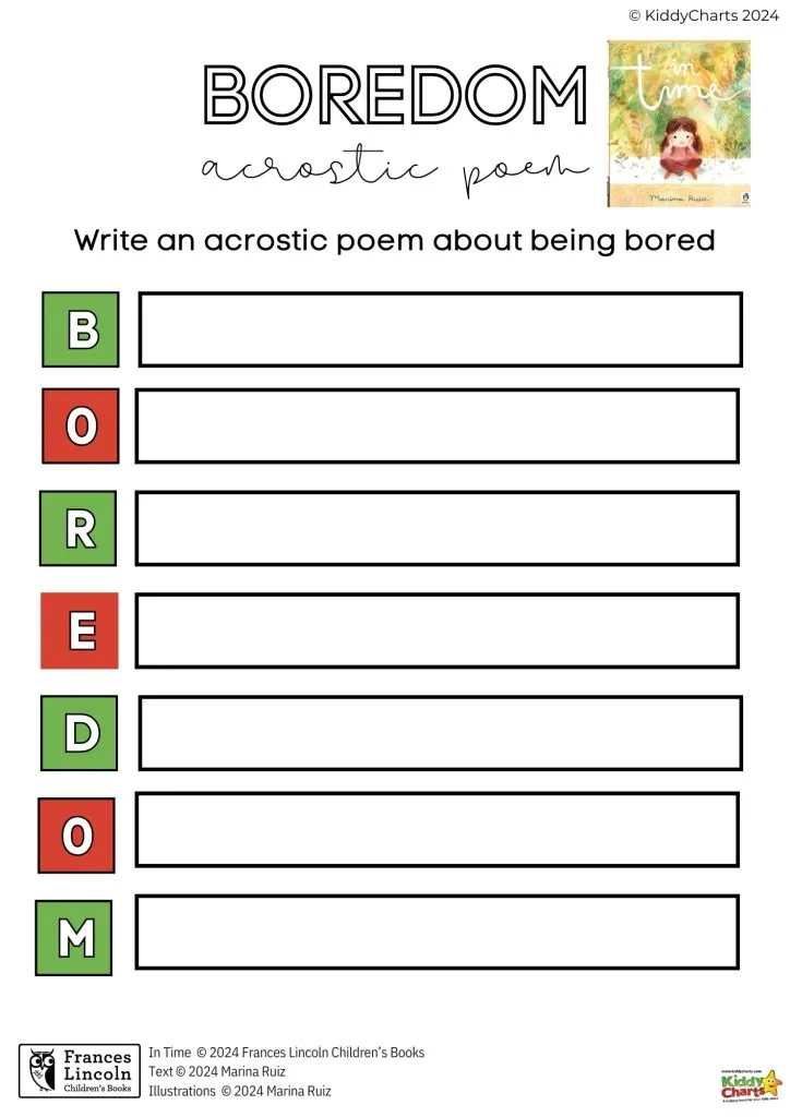 This worksheet invites the creation of an acrostic poem using the word "BOREDOM." It features colored letter boxes and lined spaces for writing.