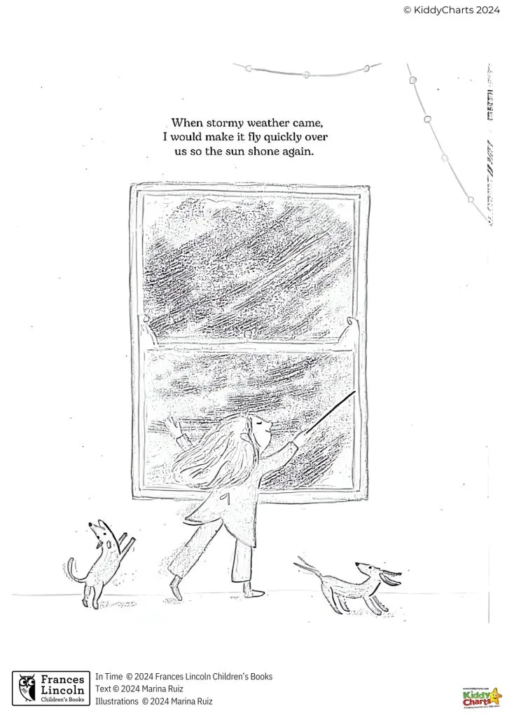 A person opens a window to disperse storm clouds; two playful dogs outside. Text implies person's wish to bring back sunshine. Black and white illustration.