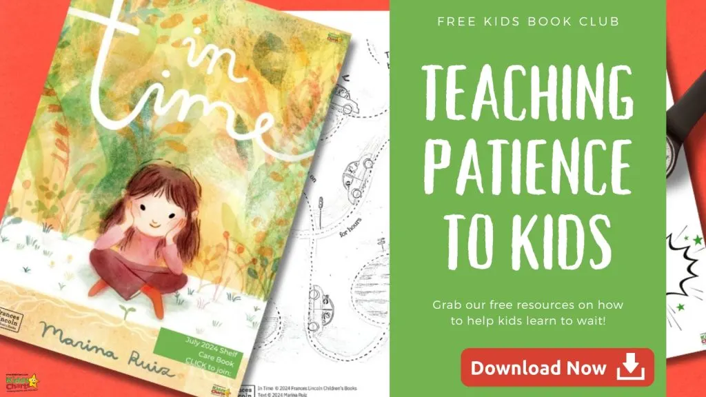 The image shows a children's book titled "In Time" alongside a promotional message encouraging teaching patience to kids, with a link to download resources.