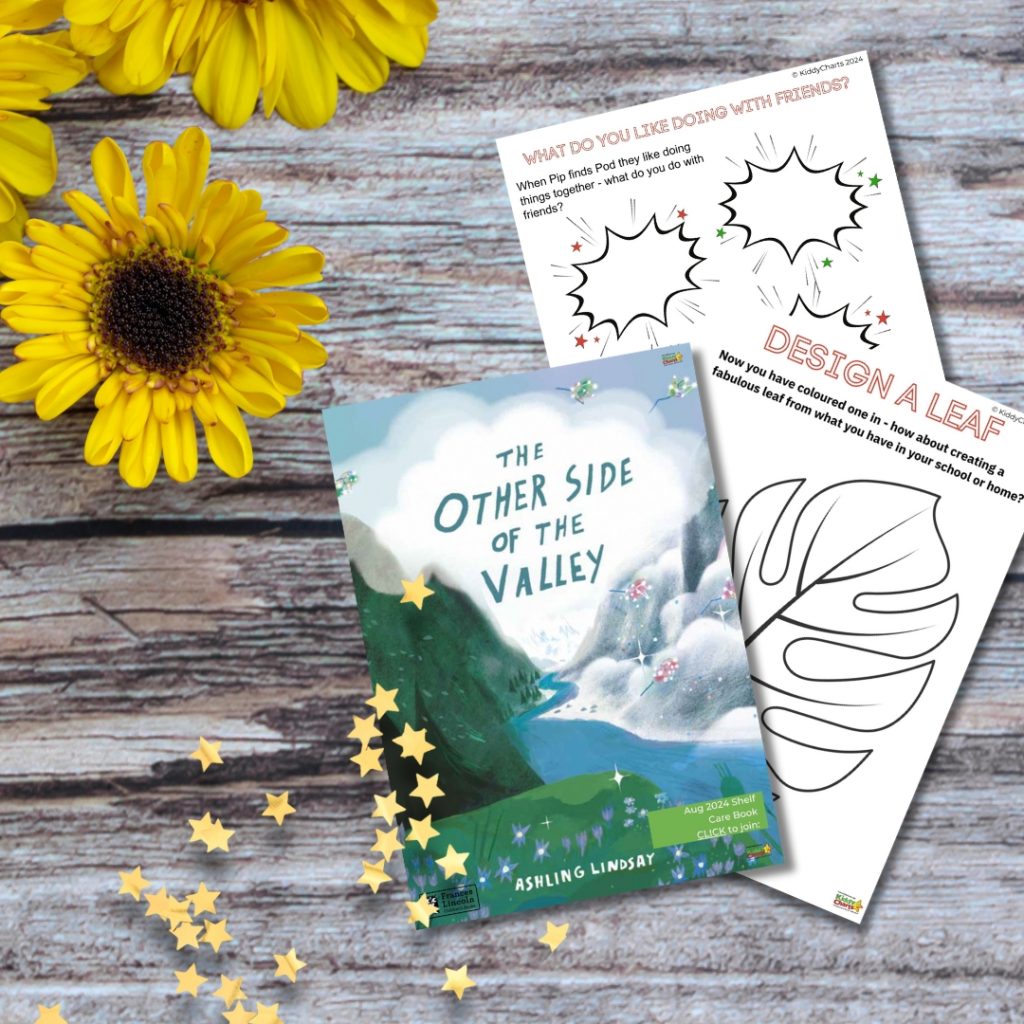 A children's book titled "The Other Side of the Valley" and activity sheets are displayed on a wooden background alongside yellow flowers and stars.