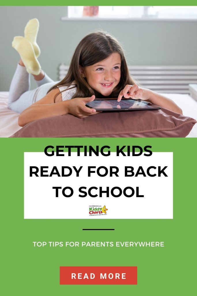 A young girl lies on her stomach on a bed, smiling at a tablet, with a headline about getting kids ready for back to school above her.