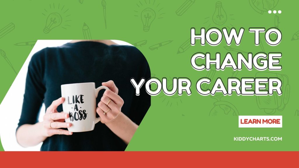 A promotional image with text "HOW TO CHANGE YOUR CAREER," featuring a person holding a mug that reads "LIKE A BOSS" and a website link at the bottom.