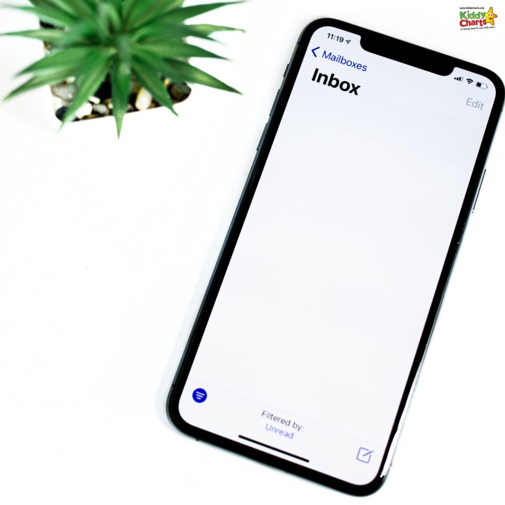 A smartphone with an empty email inbox screen lies on a white surface next to a small potted plant, suggesting organization and productivity.