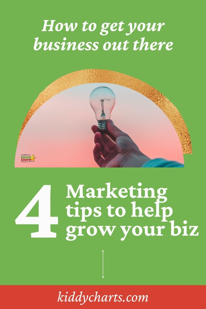 An infographic with a person's hand holding a lightbulb, titled "How to get your business out there," offering "4 Marketing tips to help grow your biz."