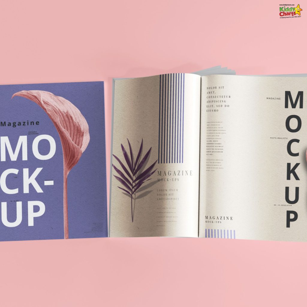 This image shows two magazine mock-up designs with botanical illustrations, aligned next to each other, against a two-toned background.