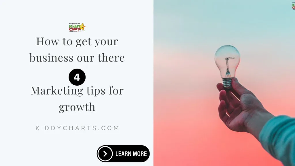 The image is a split-screen graphic with text offering business marketing tips on one side and a person holding a lightbulb on the other.