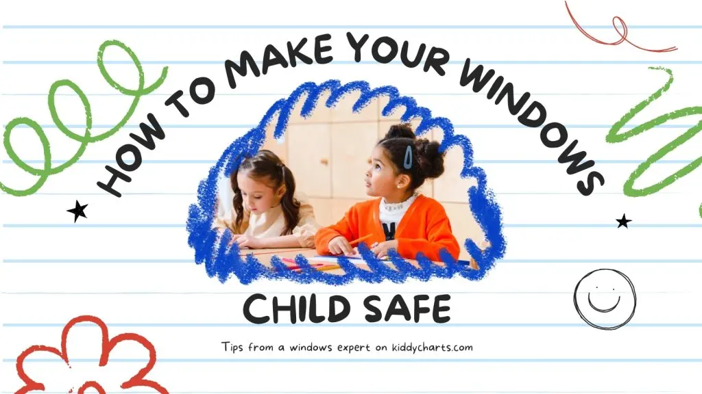 The image shows a colorful graphic with two children drawing, framed by a scribbled blue cloud, on a background resembling lined notebook paper. Text reads "How to Make Your Windows Child Safe."