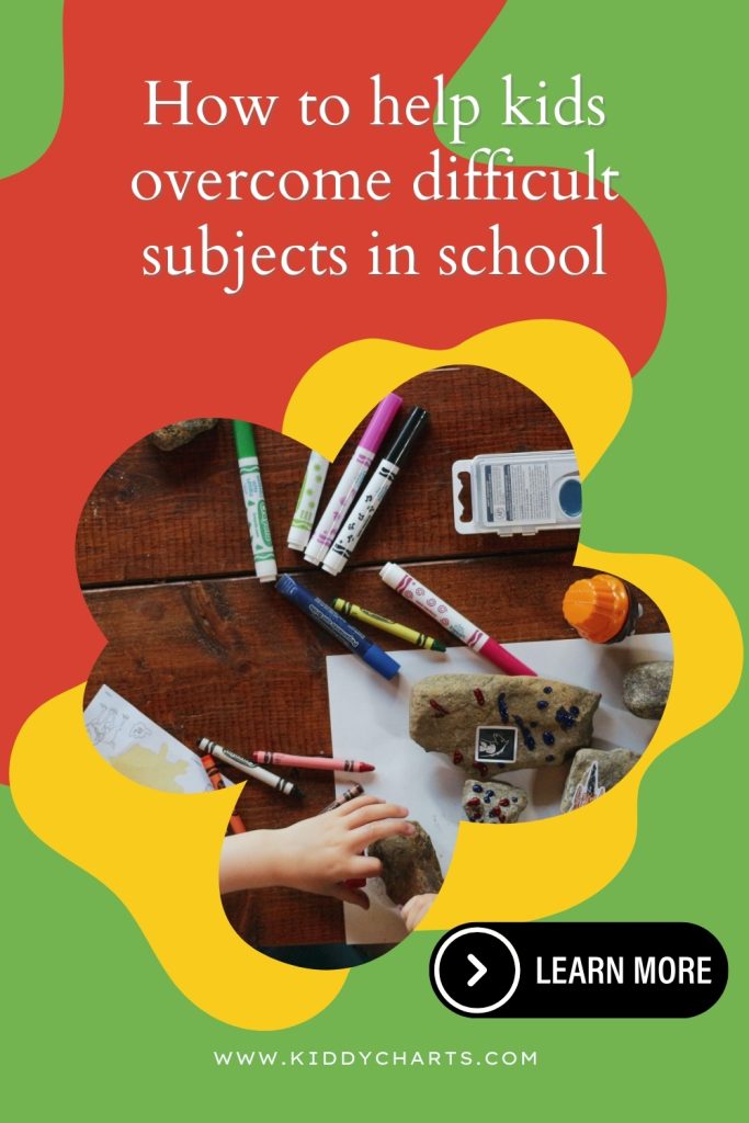 Educational poster showing text "How to help kids overcome difficult subjects in school," stationery, child's hands, color-marked rocks, and a website link.