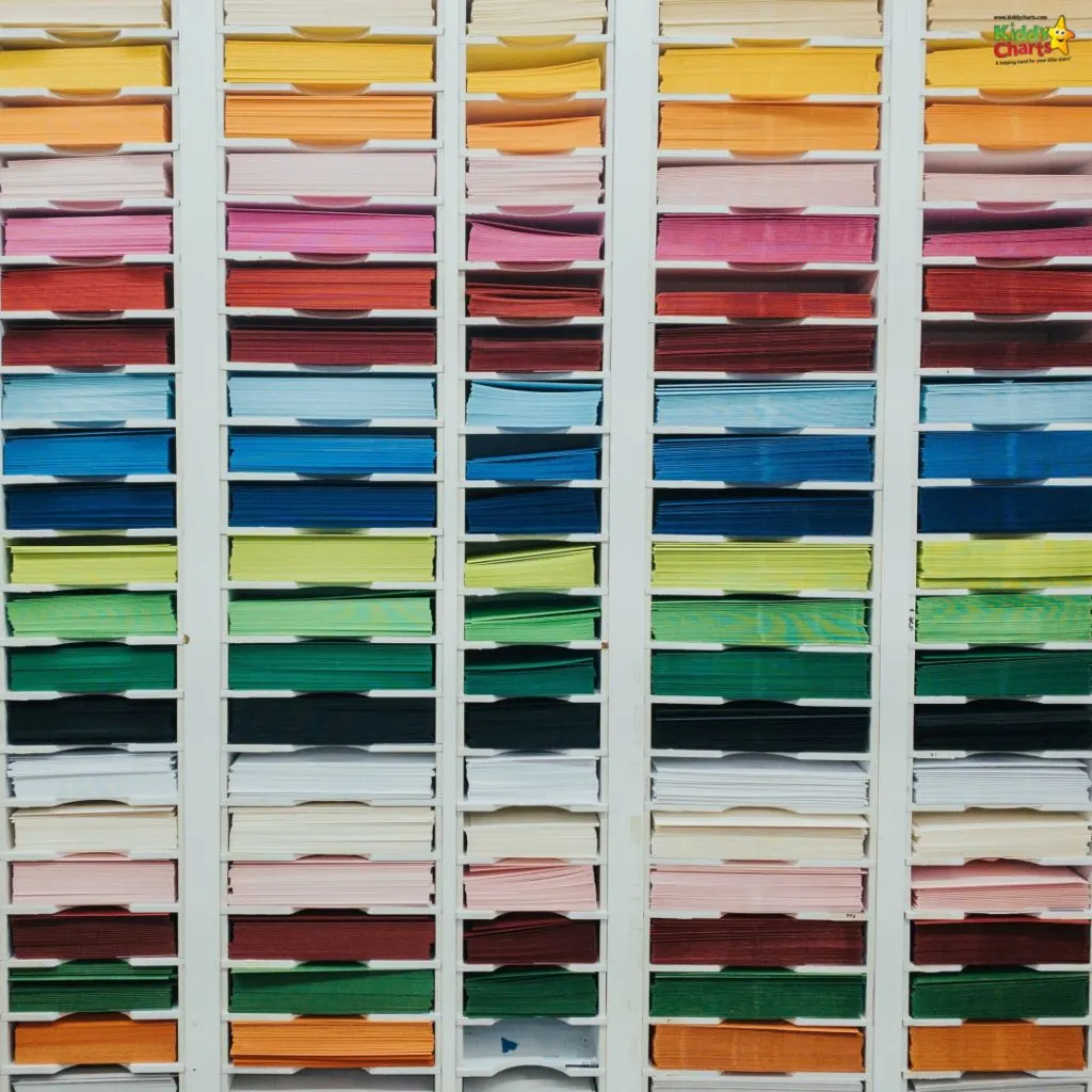 This image displays a wall of shelving units filled with neatly stacked, multi-colored paper sheets, organized in a rainbow gradient pattern.