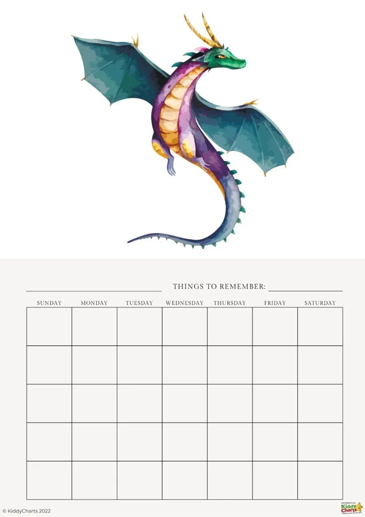 The image features a colorful dragon illustration above a blank weekly calendar with a section titled "THINGS TO REMEMBER:" at the top right.