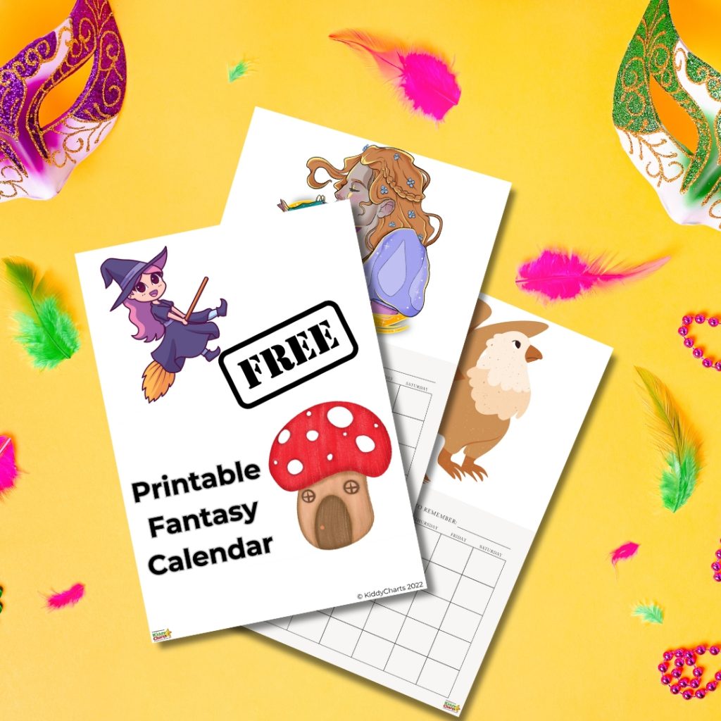 Colorful fantasy-themed promotion for a free printable calendar adorned with illustrations of a witch, mermaid, owl, and mushroom on a vibrant yellow background.