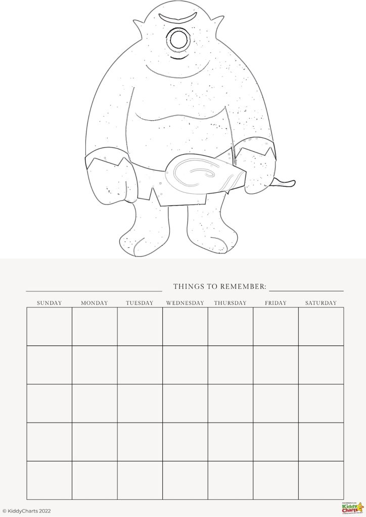 The image displays a black and white coloring page featuring a cartoon monster above a blank weekly calendar template labeled "Things to Remember."