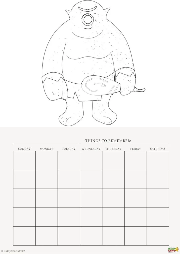 The image displays a black and white coloring page featuring a cartoon monster above a blank weekly calendar template labeled "Things to Remember."