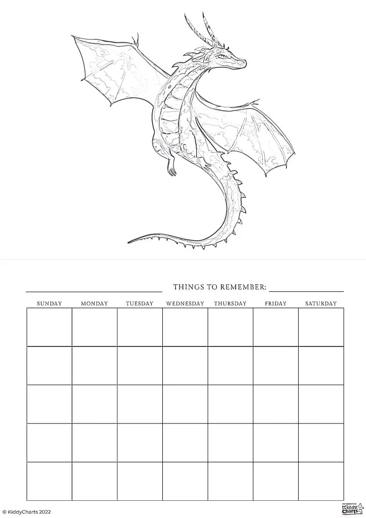 This image shows a black and white line drawing of a dragon on the top section and a blank weekly calendar below with a "Things to Remember" section.