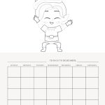 A black and white coloring page features a cartoon character resembling a gnome atop a blank weekly calendar with "Things to Remember" header.