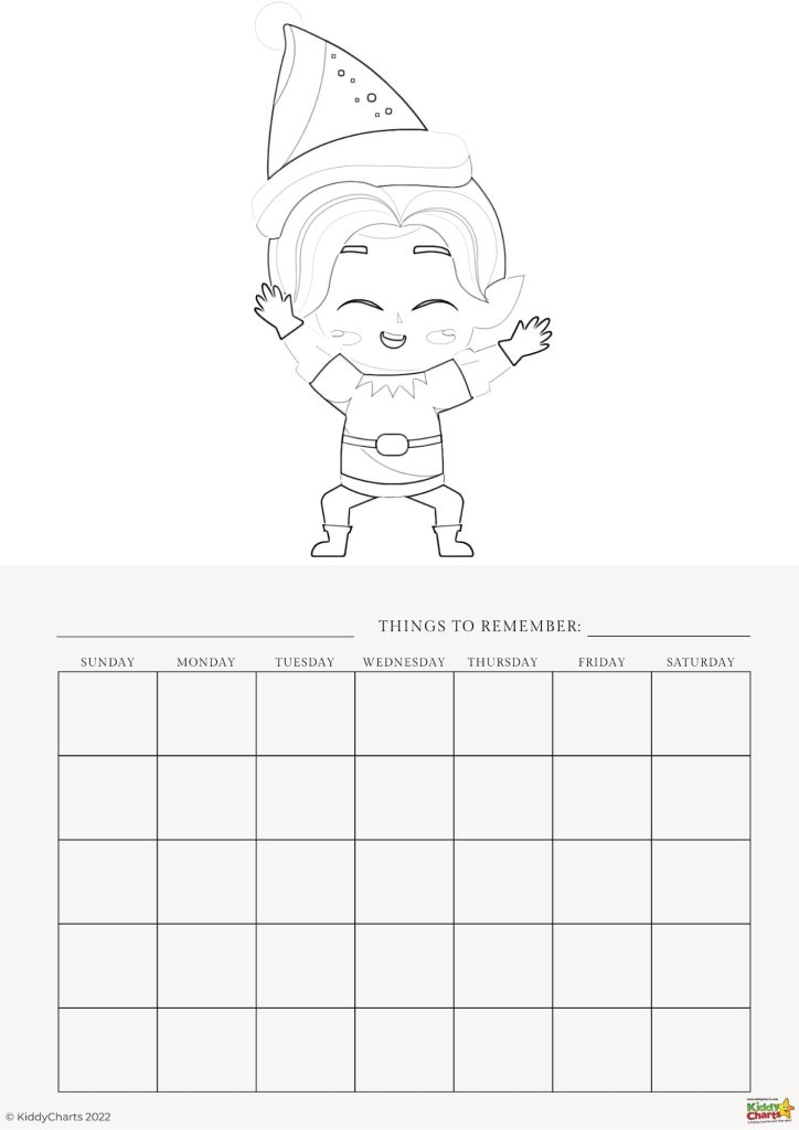 A black and white coloring page features a cartoon character resembling a gnome atop a blank weekly calendar with "Things to Remember" header.