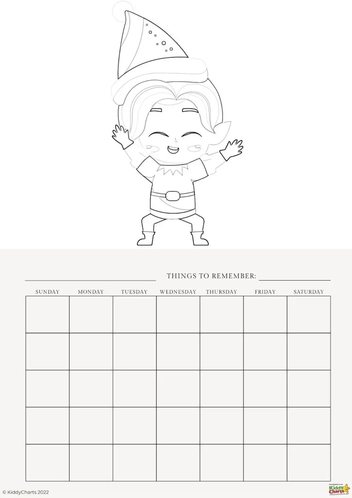 A black and white coloring page features a cartoon character resembling a gnome atop a blank weekly calendar with "Things to Remember" header.