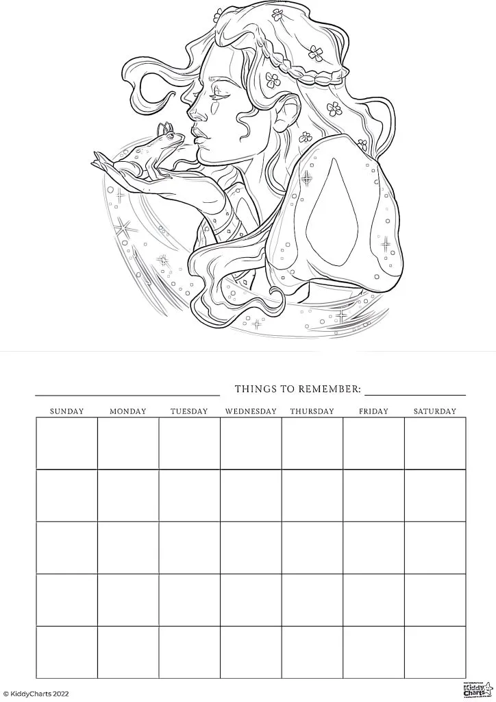 This is a black and white illustration of a person holding a frog, above a blank weekly planner labeled "Things to Remember" with days of the week.