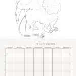 This image features a blank calendar with a section for notes and an illustration of a mythical griffin, presented as a coloring activity.