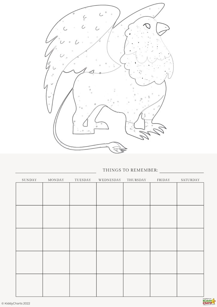 This image features a blank calendar with a section for notes and an illustration of a mythical griffin, presented as a coloring activity.