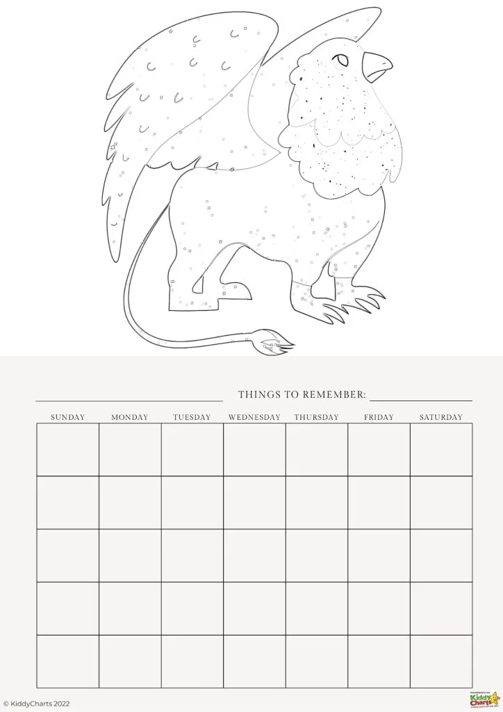 This image features a blank calendar with a section for notes and an illustration of a mythical griffin, presented as a coloring activity.