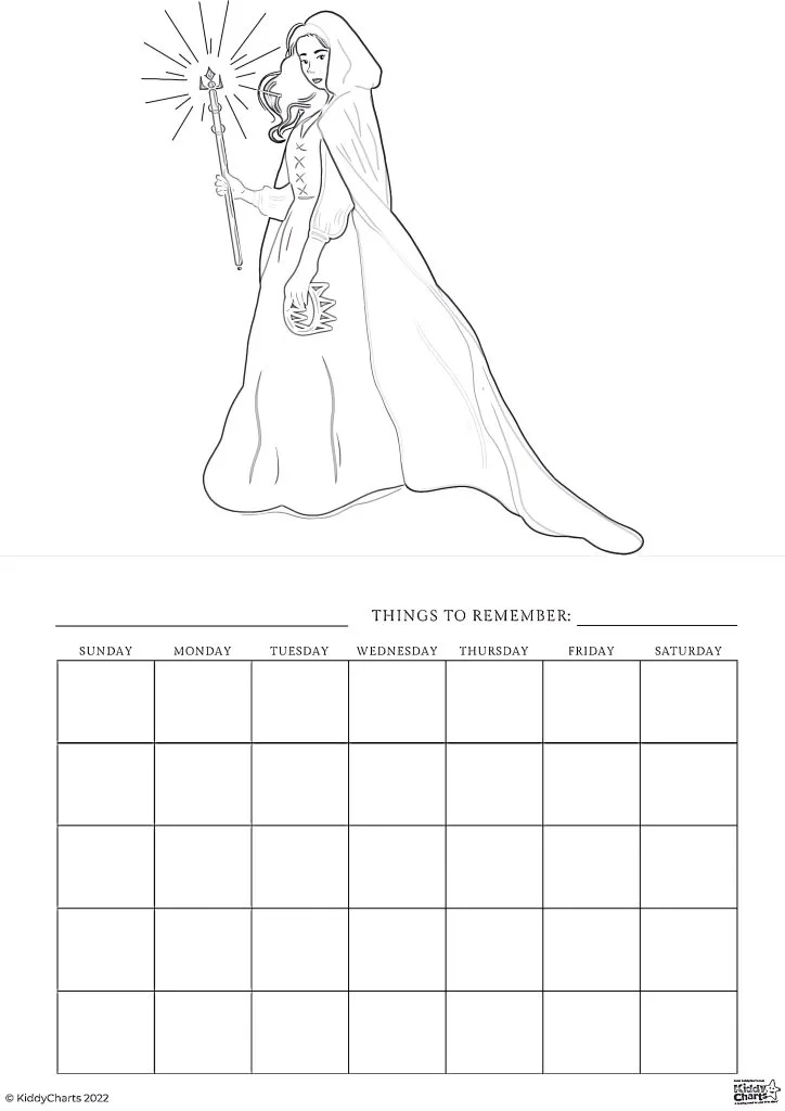 The image features a line-drawn illustration of a person in a cloak holding a staff, above an empty calendar template with "THINGS TO REMEMBER" written on it.