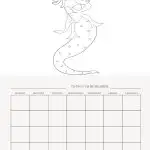 This image shows a black and white outline of a mermaid for coloring, above a blank weekly calendar layout with sections for notes and days.