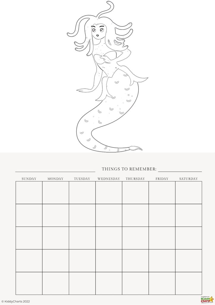 This image shows a black and white outline of a mermaid for coloring, above a blank weekly calendar layout with sections for notes and days.