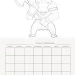 The image shows a coloring page featuring a stylized bull character with armor and a weapon, above a blank weekly calendar with space for notes.