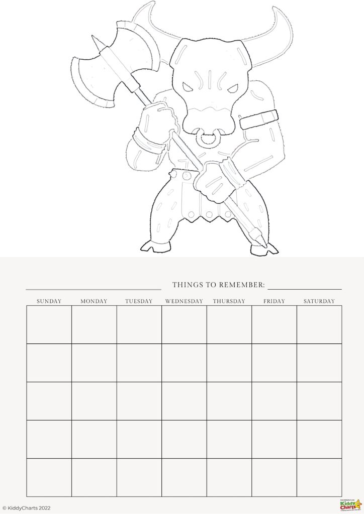 The image shows a coloring page featuring a stylized bull character with armor and a weapon, above a blank weekly calendar with space for notes.