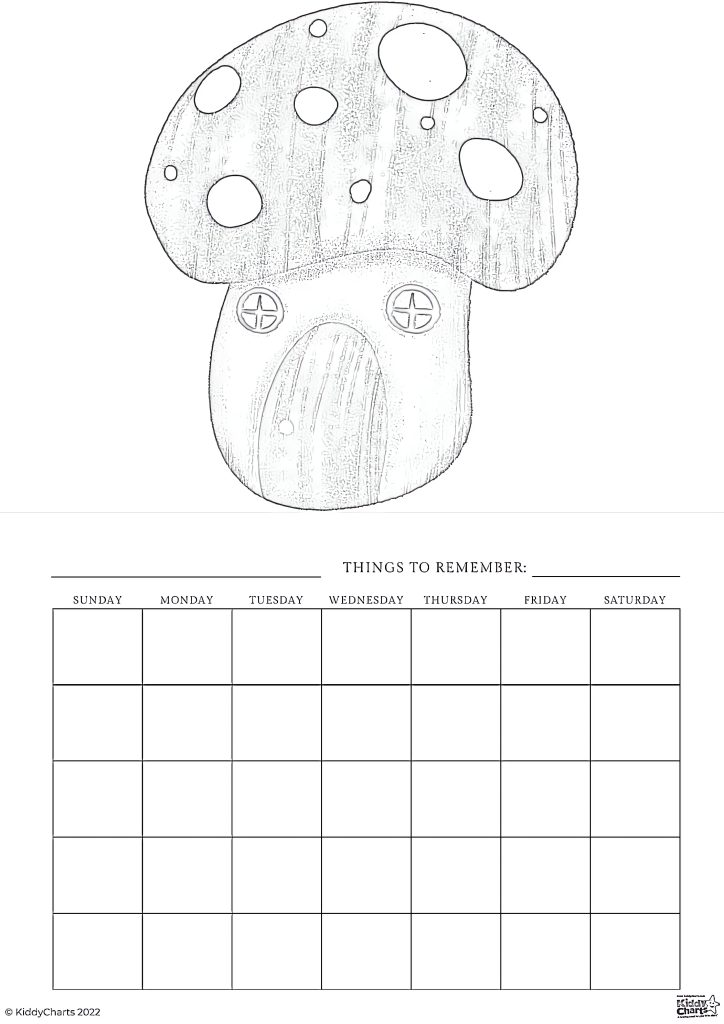 The image shows a coloring page with a mushroom design above a weekly planner labeled with days, including a 'Things to Remember' section.