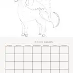 The image shows a coloring page featuring a unicorn at the top and a blank weekly planner with days labeled Sunday through Saturday below.