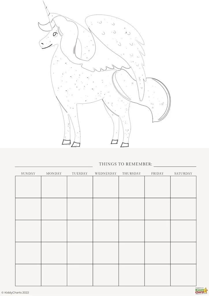 The image shows a coloring page featuring a unicorn at the top and a blank weekly planner with days labeled Sunday through Saturday below.