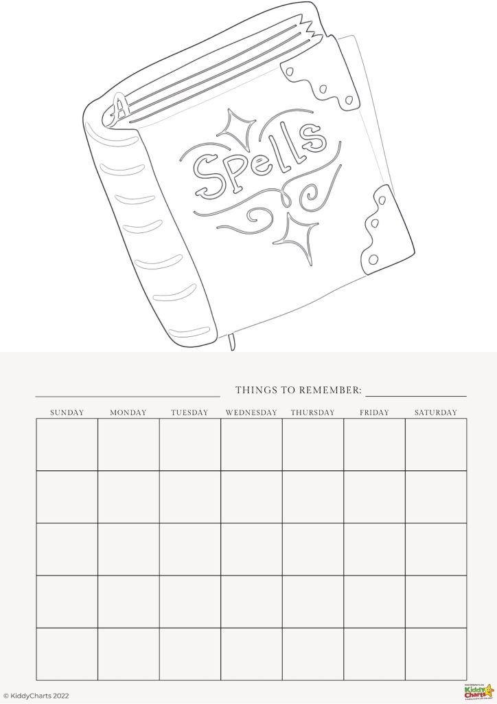 The image features a line drawing of a spellbook at the top and a blank weekly planner labeled "Things to Remember" at the bottom. ©KiddyCharts 2022.