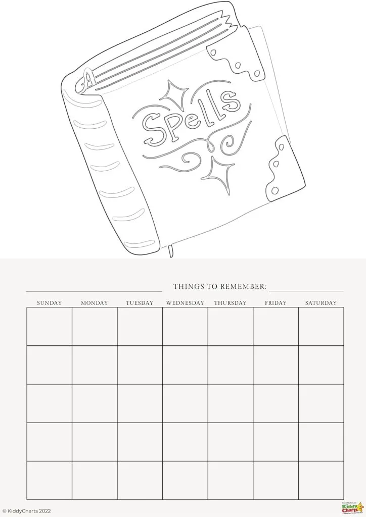 The image features a line drawing of a spellbook at the top and a blank weekly planner labeled "Things to Remember" at the bottom. ©KiddyCharts 2022.