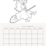 The image shows an animated character dressed as a witch on a broomstick above a blank calendar labeled with days of the week and "Things to Remember."