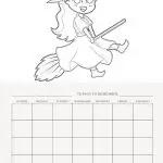 The image shows an animated character dressed as a witch on a broomstick above a blank calendar labeled with days of the week and "Things to Remember."