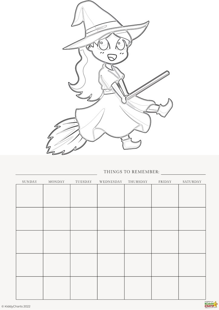 The image shows an animated character dressed as a witch on a broomstick above a blank calendar labeled with days of the week and "Things to Remember."