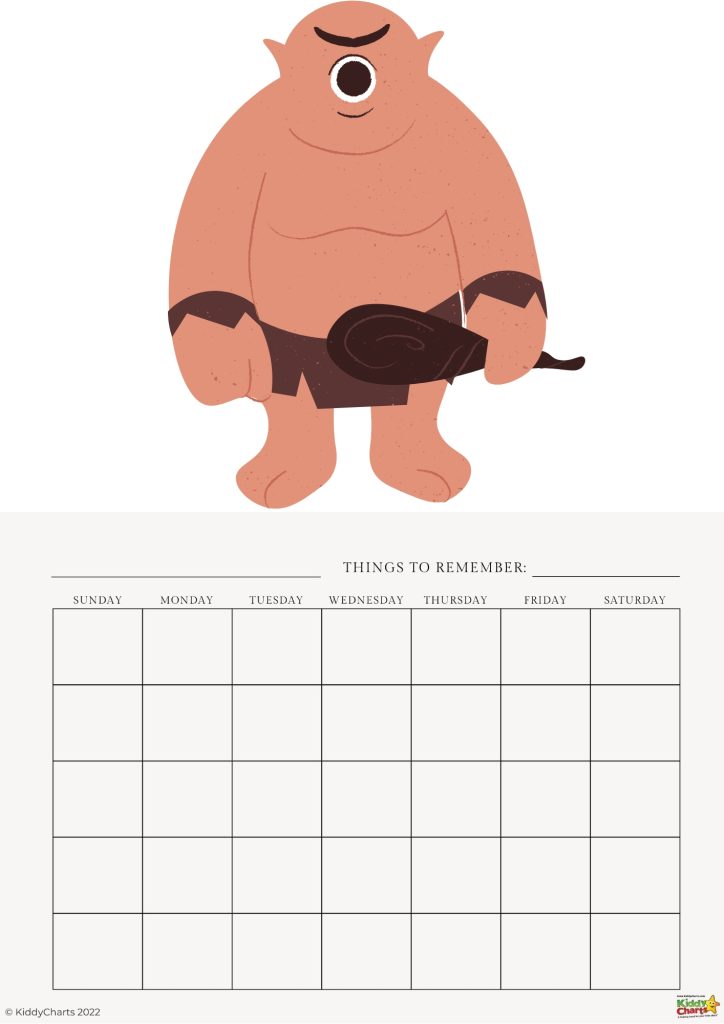 This is an image of a cute, simplistic cartoon monster with a blank calendar below it, labeled with days of the week for scheduling and reminders.