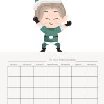 This image shows a blank printable calendar with a cute smiling elf character at the top. Days of the week are labeled for scheduling or notes.