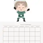 This image shows a blank printable calendar with a cute smiling elf character at the top. Days of the week are labeled for scheduling or notes.