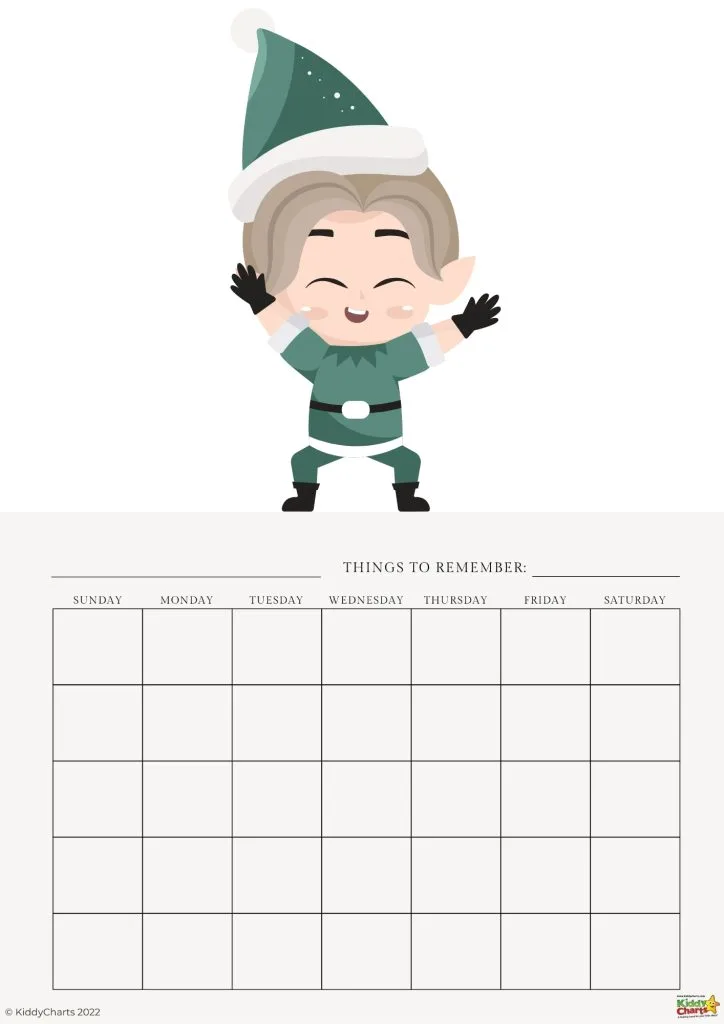 This image shows a blank printable calendar with a cute smiling elf character at the top. Days of the week are labeled for scheduling or notes.