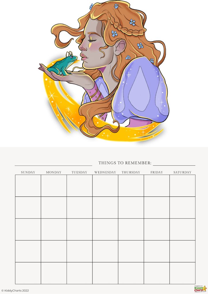 An illustrated person with flowing hair adorned with flowers is holding a colorful frog. Below, a blank weekly calendar titled "THINGS TO REMEMBER" is present.