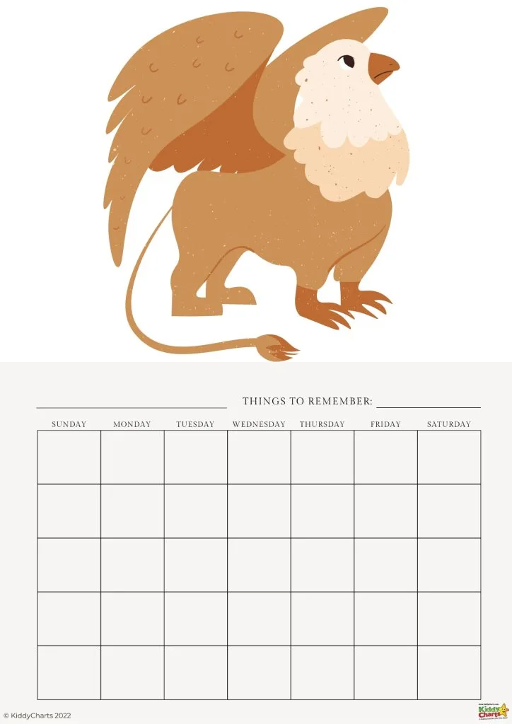 The image shows a blank calendar with a whimsical illustration of a griffin above it, titled "THINGS TO REMEMBER," designed by KiddyCharts 2022.