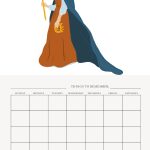 This image features a calendar with an illustration of a person in a wizard-like outfit holding a staff with glowing ends, above a blank weekly schedule.