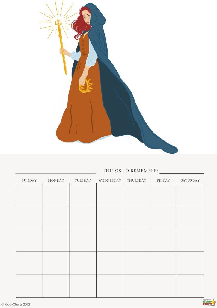 This image features a calendar with an illustration of a person in a wizard-like outfit holding a staff with glowing ends, above a blank weekly schedule.