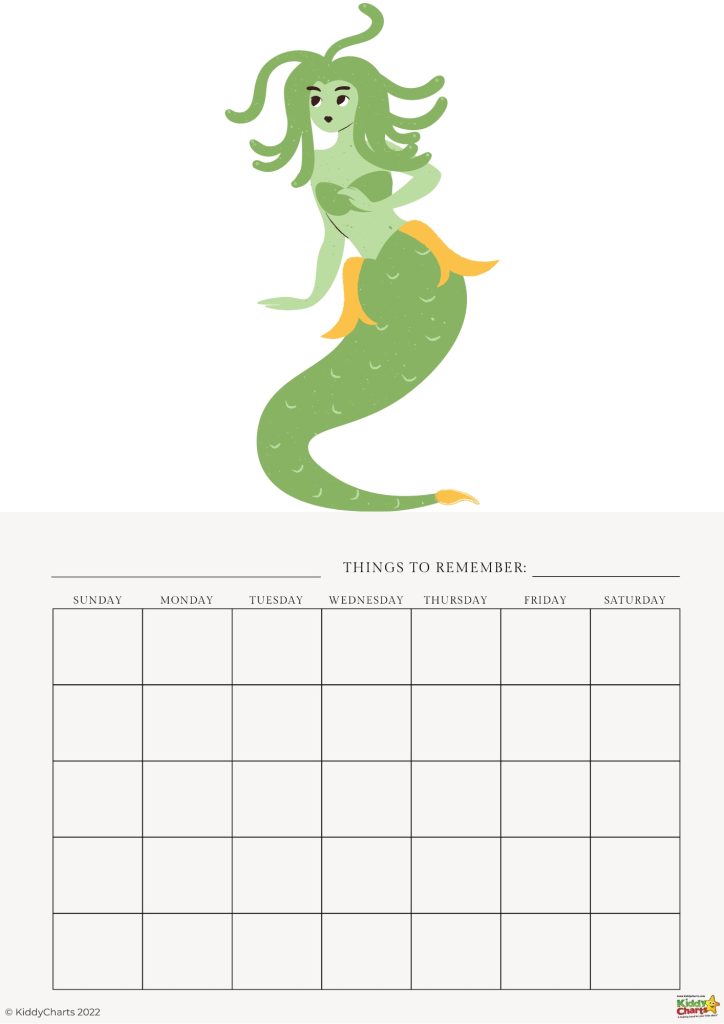 This image features a stylized cartoon mermaid above a blank weekly calendar with space for notes titled "Things to Remember."